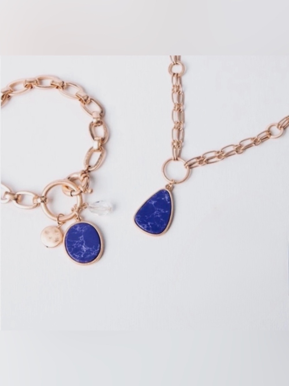 Plunder Lapis Lazuli Color Set Necklace & Bracelet Set Gold Tone New in Package - Picture 2 of 10
